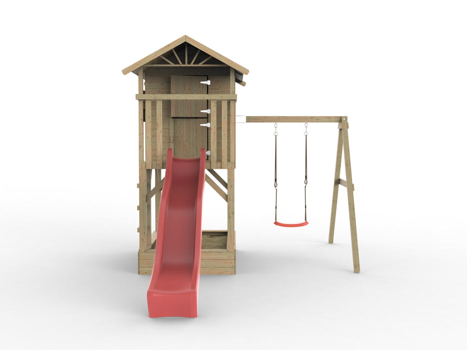 Palafitta 'TREE' con sabbiera, altalena singola e scivolo rossa, 316x237x298 cm (LxPxA)