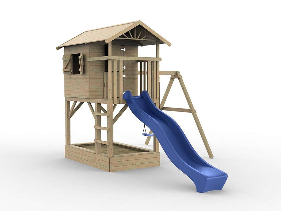 Stelzenhaus 'TREE' mit Sandkasten, Einzelschaukel & Rutsche Blau, 316x237x298cm (BxTxH)