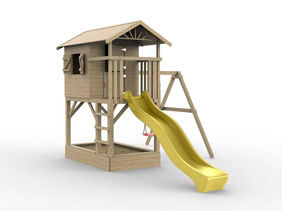 Playhouse, game tower, stelzenhaus 'Tree' with sandpit, single swing and slide yellow, 316x237x298cm (BXTXH)