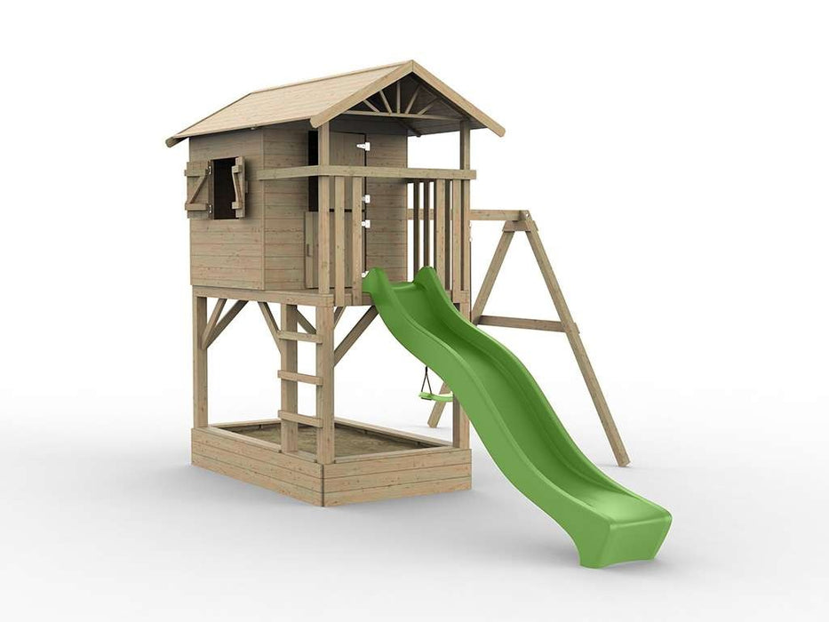 Palafitta 'TREE' con sabbiera, altalena singola e scivolo verde, 316x237x298 cm (LxPxA)