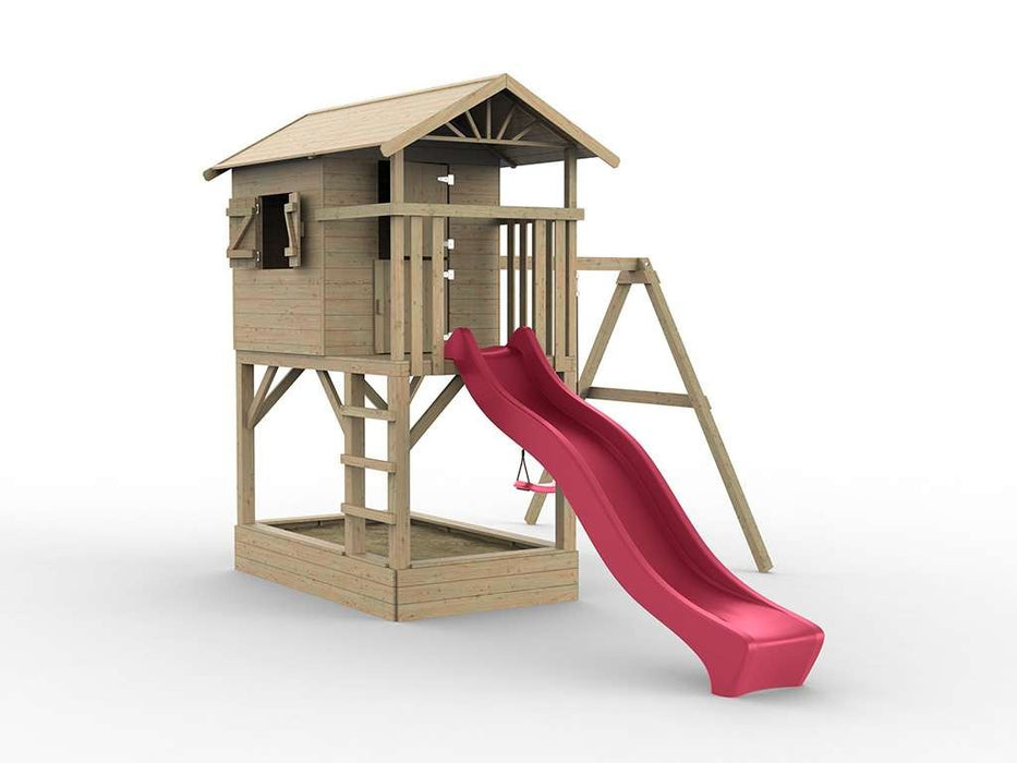 Stelzenhaus 'TREE' mit Sandkasten, Einzelschaukel & Rutsche Pink, 316x237x298cm (BxTxH)