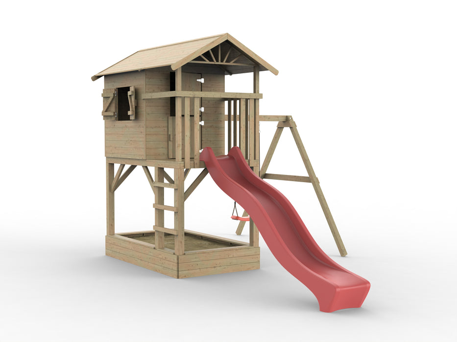 Palafitta 'TREE' con sabbiera, altalena singola e scivolo rossa, 316x237x298 cm (LxPxA)