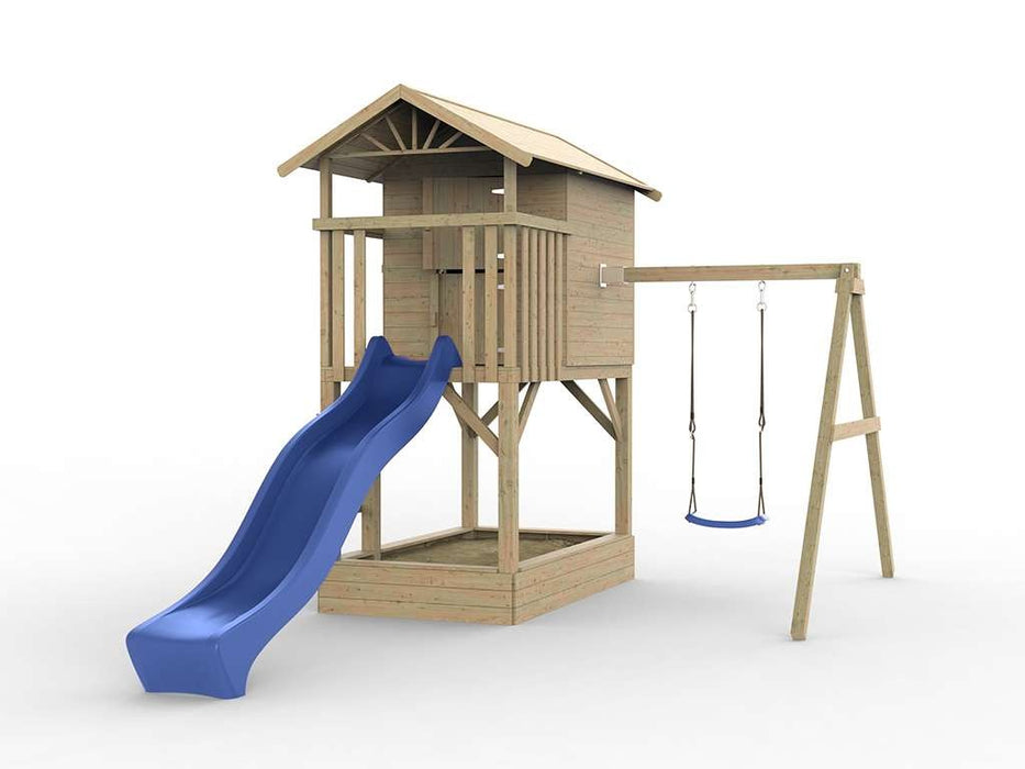 Stelzenhaus 'TREE' mit Sandkasten, Einzelschaukel & Rutsche Blau, 316x237x298cm (BxTxH)