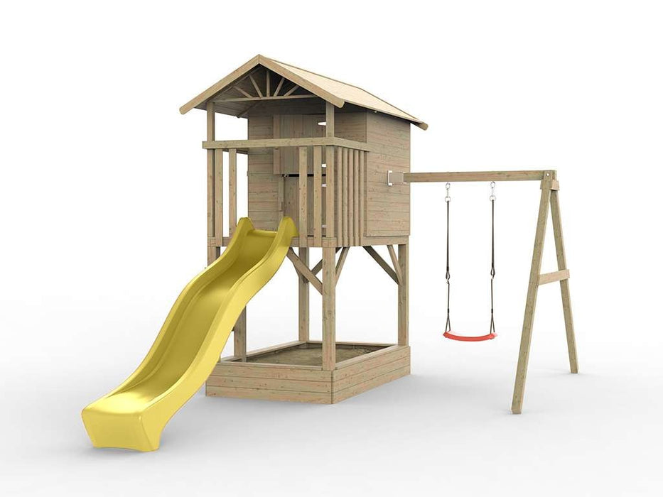 Playhouse, game tower, stelzenhaus 'Tree' with sandpit, single swing and slide yellow, 316x237x298cm (BXTXH)