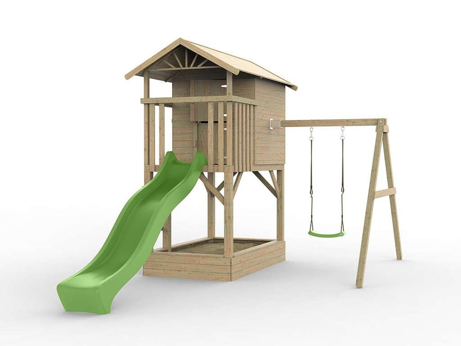 Palafitta 'TREE' con sabbiera, altalena singola e scivolo verde, 316x237x298 cm (LxPxA)