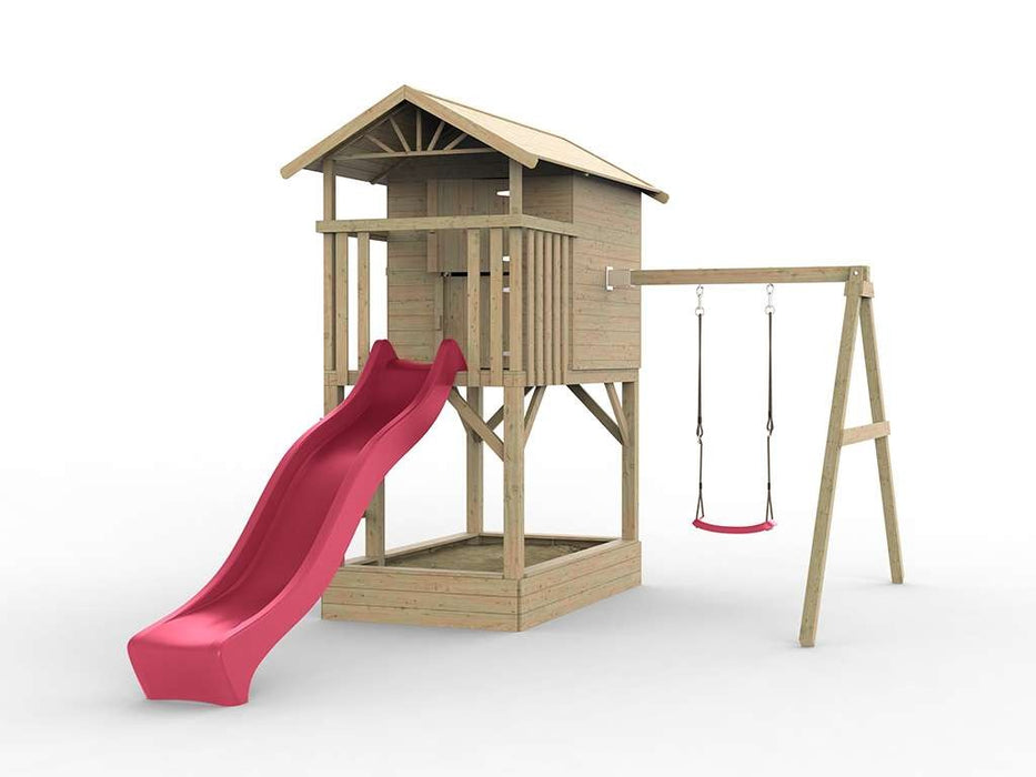 Stelzenhaus 'TREE' mit Sandkasten, Einzelschaukel & Rutsche Pink, 316x237x298cm (BxTxH)