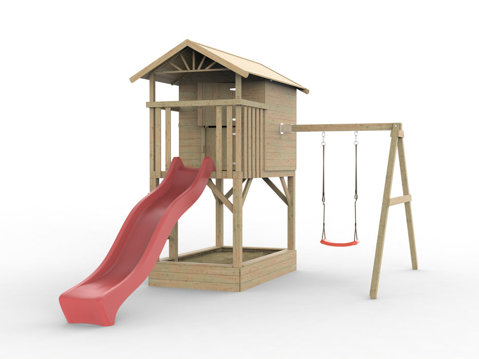 Palafitta 'TREE' con sabbiera, altalena singola e scivolo rossa, 316x237x298 cm (LxPxA)