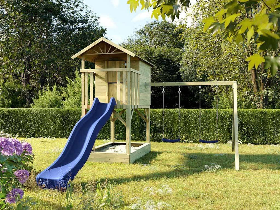 Playhouse, tour de jeu, «arbre» ​​de Stelzenhaus avec sandpit, double swing et blue glissant, 396x237x298cm (bxtxh)