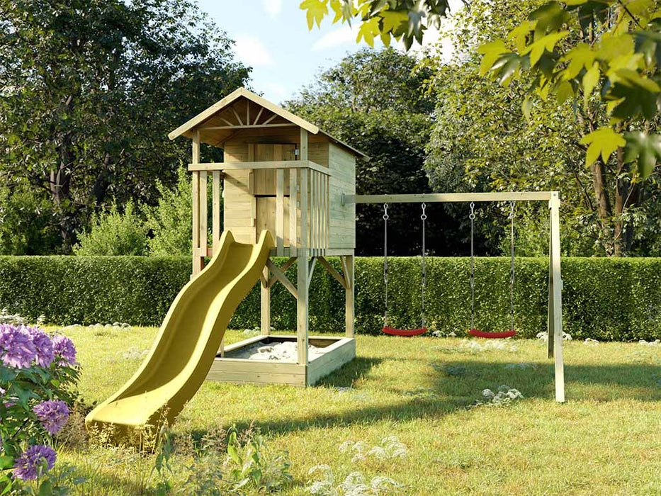 Stelzenhaus 'TREE' mit Sandkasten, Doppelschaukel & Rutsche Gelb, 396x237x298cm (BxTxH)