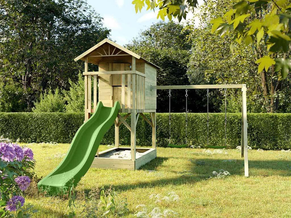 Stelzenhaus 'TREE' mit Sandkasten, Doppelschaukel & Rutsche Grün, 396x237x298cm (BxTxH)