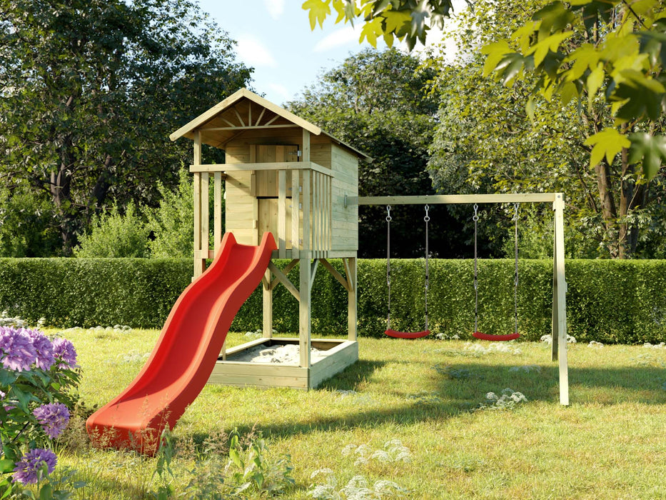 Palafitta 'TREE' con sabbiera, altalena doppia e scivolo rossa, 396x237x298 cm (LxPxA)