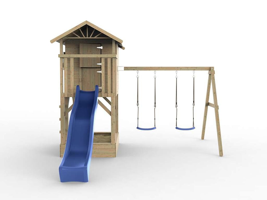 Playhouse, tour de jeu, «arbre» ​​de Stelzenhaus avec sandpit, double swing et blue glissant, 396x237x298cm (bxtxh)