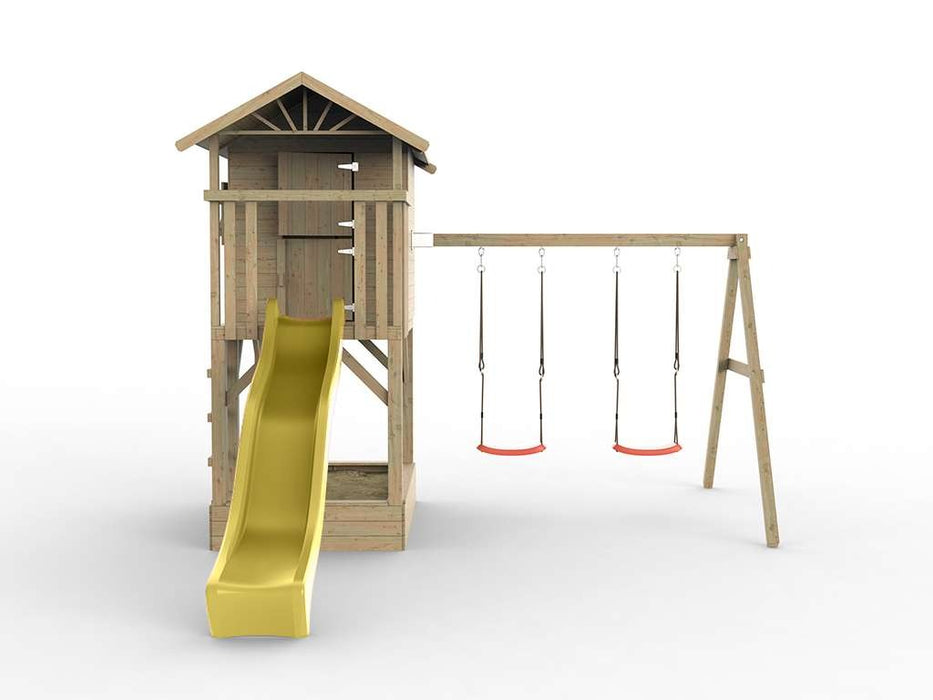 Stelzenhaus 'TREE' mit Sandkasten, Doppelschaukel & Rutsche Gelb, 396x237x298cm (BxTxH)