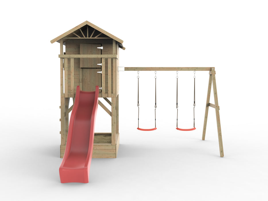 Palafitta 'TREE' con sabbiera, altalena doppia e scivolo rossa, 396x237x298 cm (LxPxA)