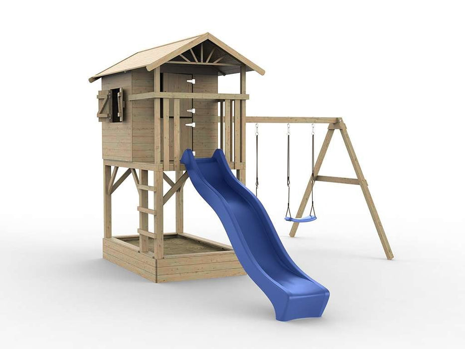 Playhouse, tour de jeu, «arbre» ​​de Stelzenhaus avec sandpit, double swing et blue glissant, 396x237x298cm (bxtxh)