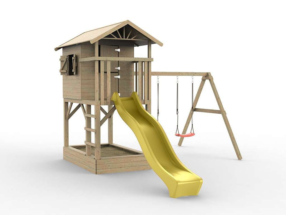 Stelzenhaus 'TREE' mit Sandkasten, Doppelschaukel & Rutsche Gelb, 396x237x298cm (BxTxH)