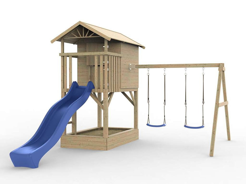 Playhouse, tour de jeu, «arbre» ​​de Stelzenhaus avec sandpit, double swing et blue glissant, 396x237x298cm (bxtxh)