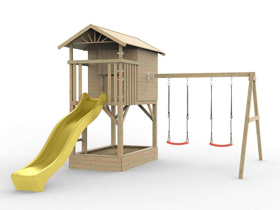 Stelzenhaus 'TREE' mit Sandkasten, Doppelschaukel & Rutsche Gelb, 396x237x298cm (BxTxH)