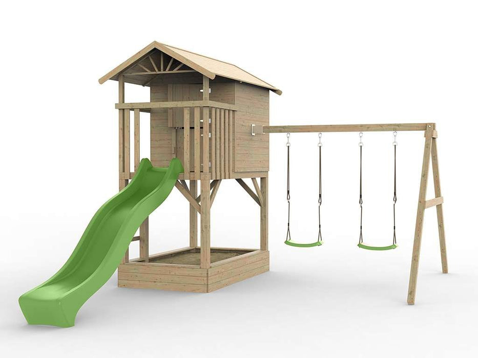 Stelzenhaus 'TREE' mit Sandkasten, Doppelschaukel & Rutsche Grün, 396x237x298cm (BxTxH)