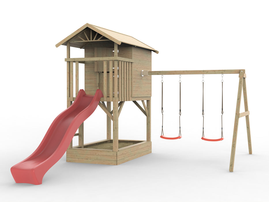 Palafitta 'TREE' con sabbiera, altalena doppia e scivolo rossa, 396x237x298 cm (LxPxA)