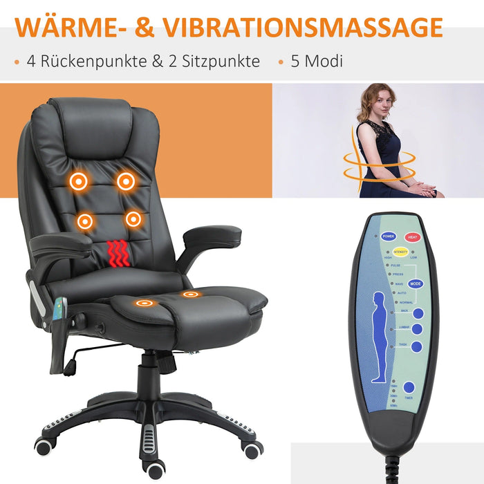 Massagesessel 6-Punkt Vibrations Massage Wärmefunktion Kunstleder drehbar Schwarz, 70x70x111–121cm