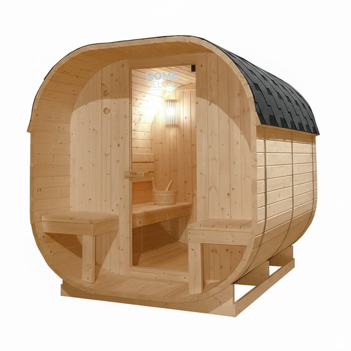 Sauna extérieur sauna tonneau FLANN DELUXE L - 184 x 220 cm pour 4 personnes - sauna avec four 8kW
