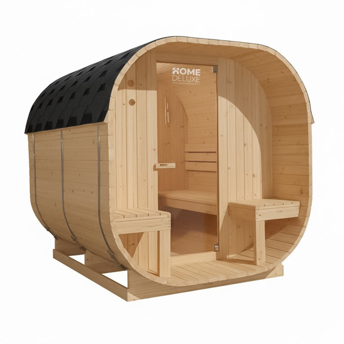 Sauna extérieur sauna tonneau FLANN DELUXE L - 184 x 220 cm pour 4 personnes - sauna avec four 8kW