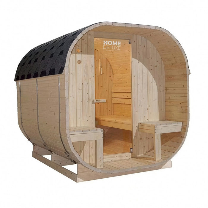 Sauna extérieur sauna tonneau FLANN DELUXE L - 184 x 220 cm pour 4 personnes - sauna avec four 8kW