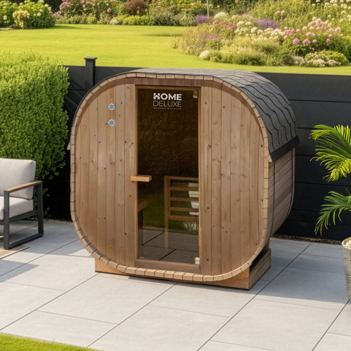 Outdoor Sauna Fasssauna FLANN M - 184 x 120 cm für 2 Personen - Sauna mit 3,6kW Ofen