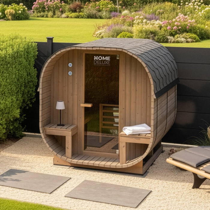 Sauna extérieur sauna tonneau FLANN DELUXE L - 184 x 220 cm pour 4 personnes - sauna avec four 8kW