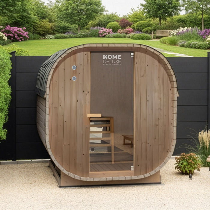 Outdoor Sauna Fasssauna FLANN M - 184 x 120 cm für 2 Personen - Sauna mit 3,6kW Ofen
