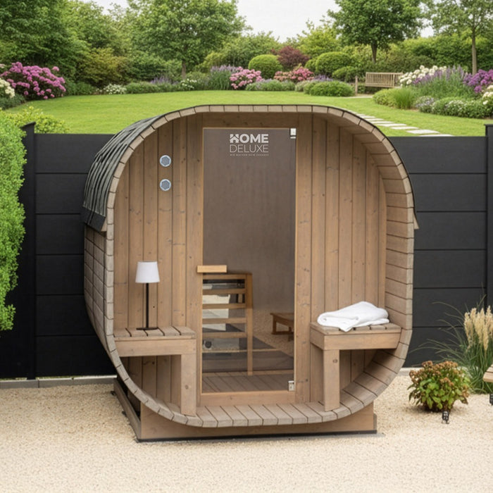 Sauna extérieur sauna tonneau FLANN DELUXE L - 184 x 220 cm pour 4 personnes - sauna avec four 8kW