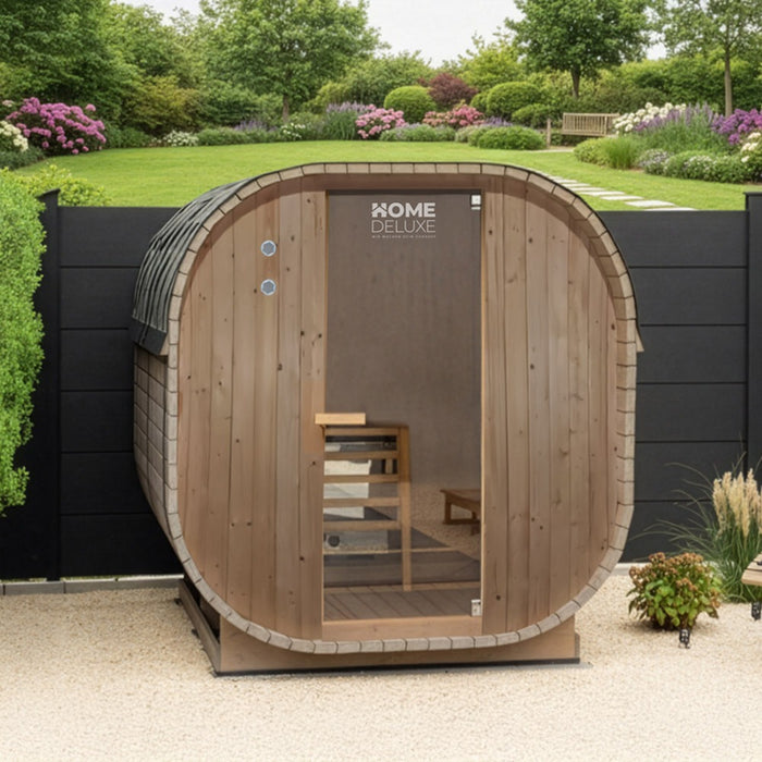 Sauna extérieur sauna tonneau FLANN XL - 184 x 220 cm pour 6 personnes - sauna avec four 8kW