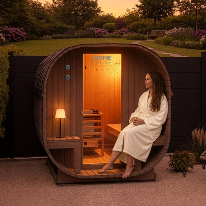Sauna extérieur sauna tonneau FLANN DELUXE L - 184 x 220 cm pour 4 personnes - sauna avec four 8kW