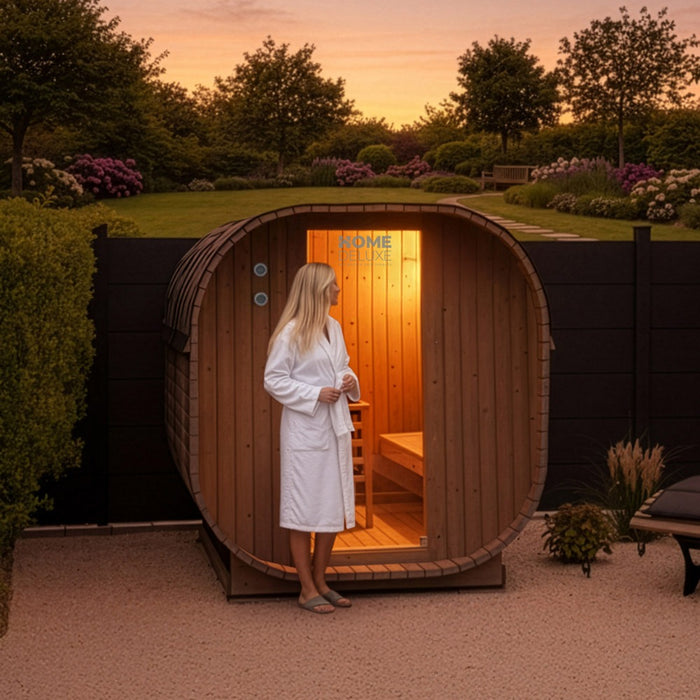 Sauna extérieur sauna tonneau FLANN XL - 184 x 220 cm pour 6 personnes - sauna avec four 8kW