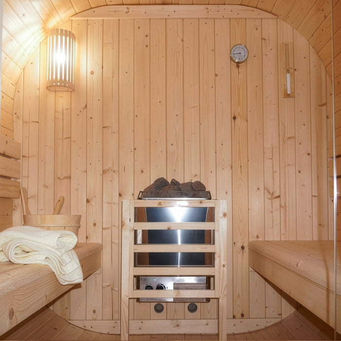 Sauna extérieur sauna tonneau FLANN DELUXE L - 184 x 220 cm pour 4 personnes - sauna avec four 8kW