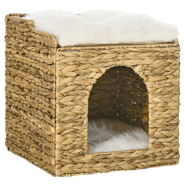 Cat Cave en herbe de jacinthe d'eau, 2 surface couchée, 2 oreillers lavables, nature + blanc