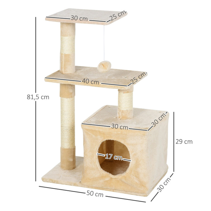 Cat Scratching Post avec un jouet de chat en peluche doux, beige de panneaux de puce, 50x30x81,5 cm