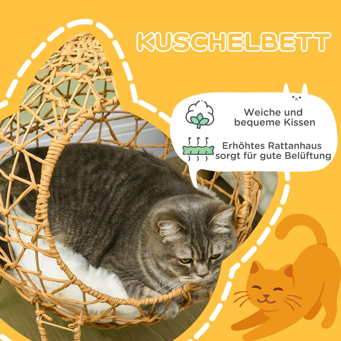 Panier de chat en rotin, lit de chat avec oreiller accrue design lit pour animaux de compagnie brun Ø45x57hcm