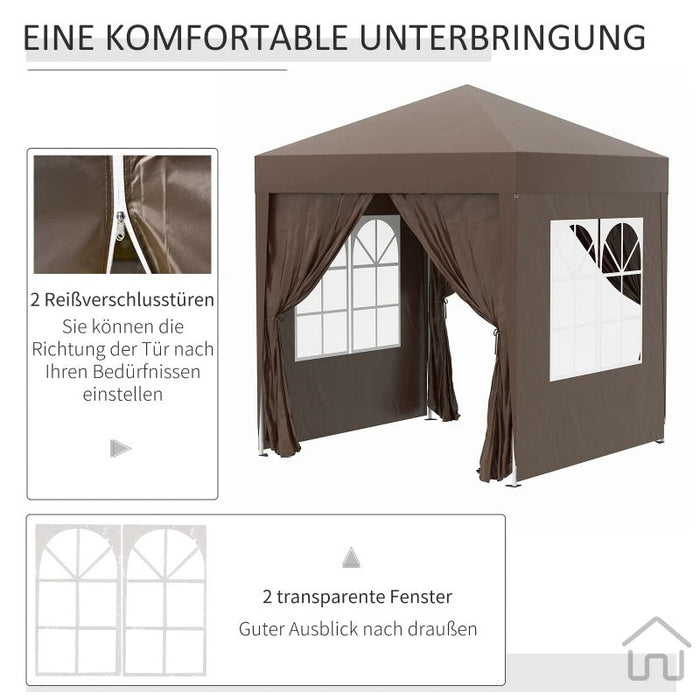 Faltpavillon, Bierzelt, 4 abnehmbare Seitenwände, 2 Fenster, Metallrahmen, 2x2m, Braun