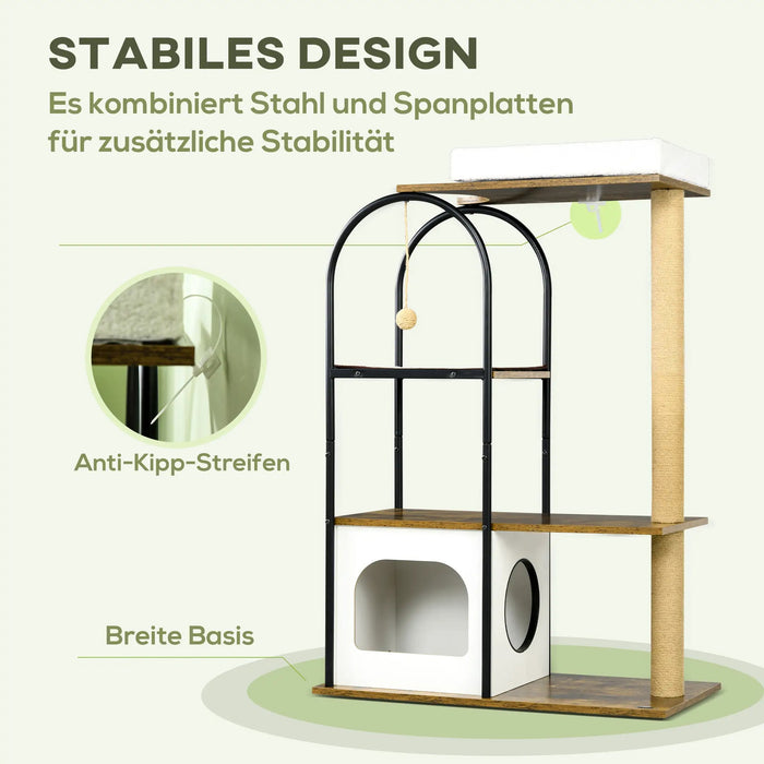 Kratzbaum, 4 Etagen, Katzenhaus, Spielball, Kippschutz, Braun/Weiss, 80x40x118,5cm