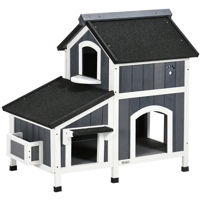 Outdoor-Katzenhaus, zweistöckig, Bodenabstand, Naturholz, grau, 96x65x85,5cm