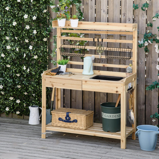 Pflanztisch Gärtnertisch mit waschbecken Blumentisch aus Holz mit Schublade Haken Korb Ablage Garten Terrasse Natur, 107,5x46x142cm