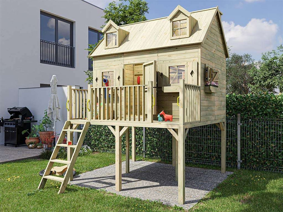 Playhouse with Slide, Game Tower, Stelzenhaus 'Espagne', 248x32x359cm (BXTXH)