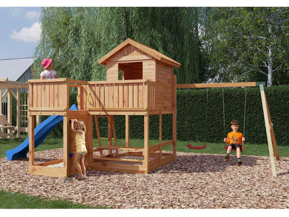 Maison sur pilotis 'NEPTUN' couleur teck avec toboggan rose, 448x382x280cm (LxPxH)