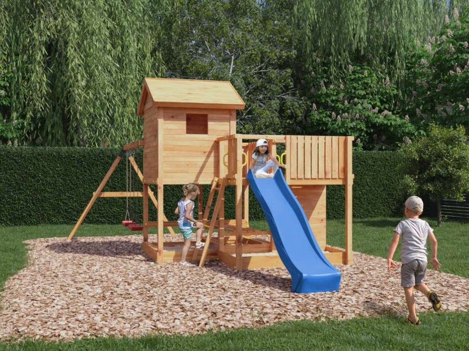 Maison sur pilotis 'NEPTUN' couleur teck avec toboggan rose, 448x382x280cm (LxPxH)