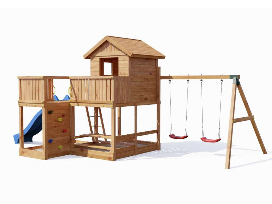 Maison sur pilotis 'NEPTUN' couleur teck avec toboggan rose, 448x382x280cm (LxPxH)