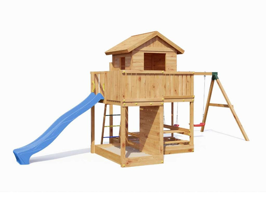 Maison sur pilotis 'NEPTUN' couleur teck avec toboggan rose, 448x382x280cm (LxPxH)