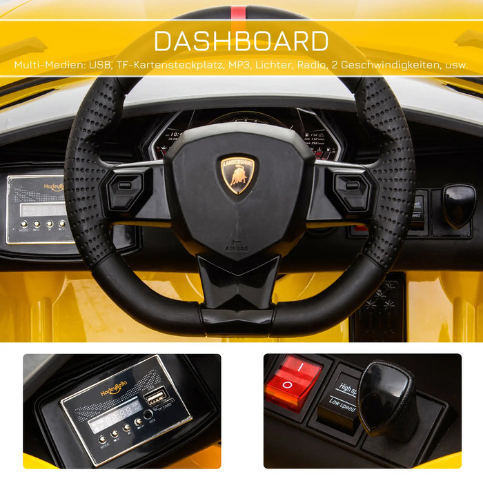 Voiture électrique pour enfants 12v Lamborghini SVJ sous licence pendant 3-8 ans avec télécommande 2x550 moteurs MP3 / USB Musique légère métal jaune 123x66.55.5 cm