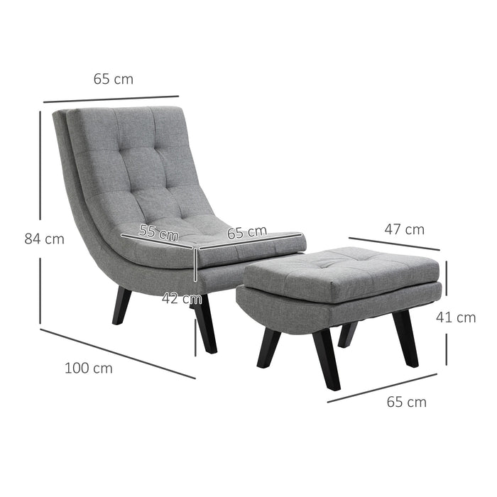 Fauteuil avec tabouret à pied détendu chaiselongue en caoutchouc des jambes en bois gris, 65x100x84cm